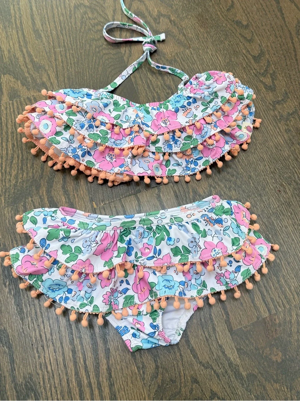cheeky plum White Floral Ruffle Bikini with Pink and Blue Accents